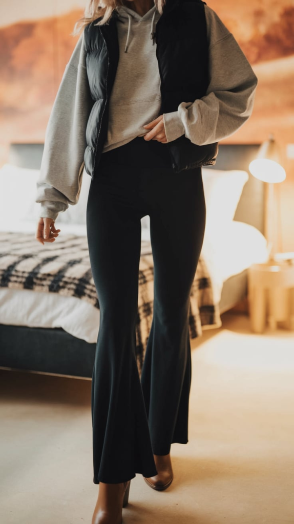 A trendy fall outfit featuring a gray hoodie, a black puffer vest, black flare leggings, and brown sneakers. The woman poses in a cozy bedroom with a checkered blanket on the bed, a soft pink wall, and warm autumn lighting.