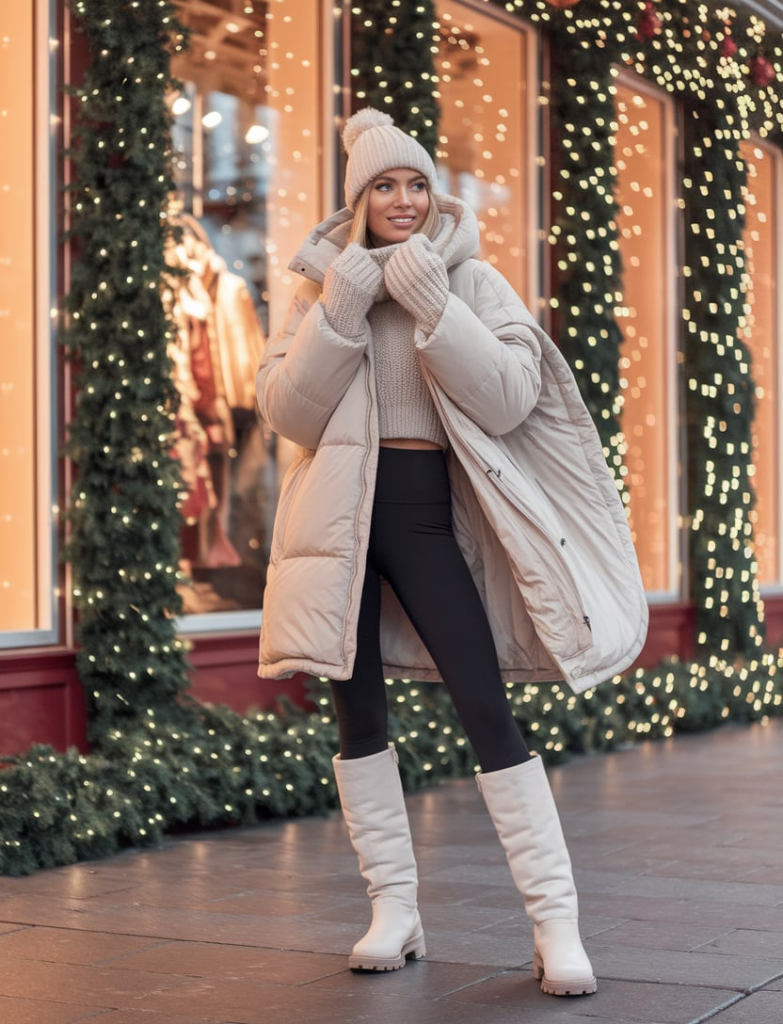 A stylish woman bundled up in a beige puffer jacket, black leggings, chunky white snow boots, and wool gloves. She holds a coffee cup while standing on a European street decorated with holiday lights and a storefront with a maroon awning.