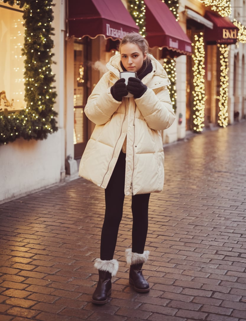 A stylish woman bundled up in a beige puffer jacket, black leggings, chunky white snow boots, and wool gloves. She holds a coffee cup while standing on a European street decorated with holiday lights and a storefront with a maroon awning.