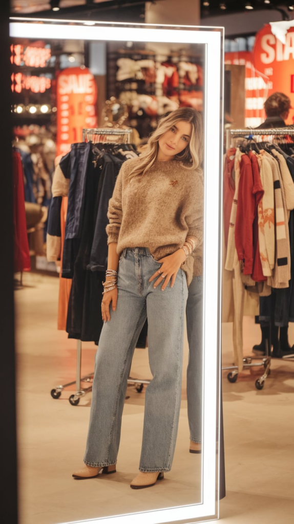 A young woman taking a mirror selfie in a clothing store, wearing a fitted black long-sleeve top and high-waisted wide-leg blue jeans. The background features sale signs, racks of trendy clothes, and a few shoppers.