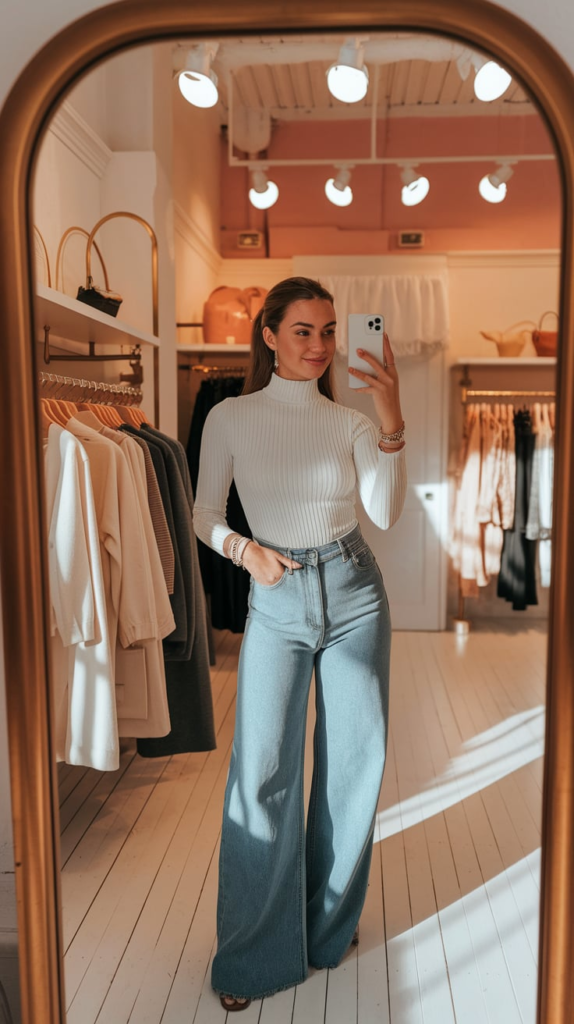 A young woman taking a mirror selfie in a clothing store, wearing a fitted black long-sleeve top and high-waisted wide-leg blue jeans. The background features sale signs, racks of trendy clothes, and a few shoppers.