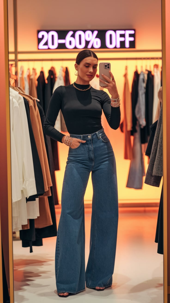 A young woman taking a mirror selfie in a clothing store, wearing a fitted black long-sleeve top and high-waisted wide-leg blue jeans. The background features sale signs, racks of trendy clothes, and a few shoppers.