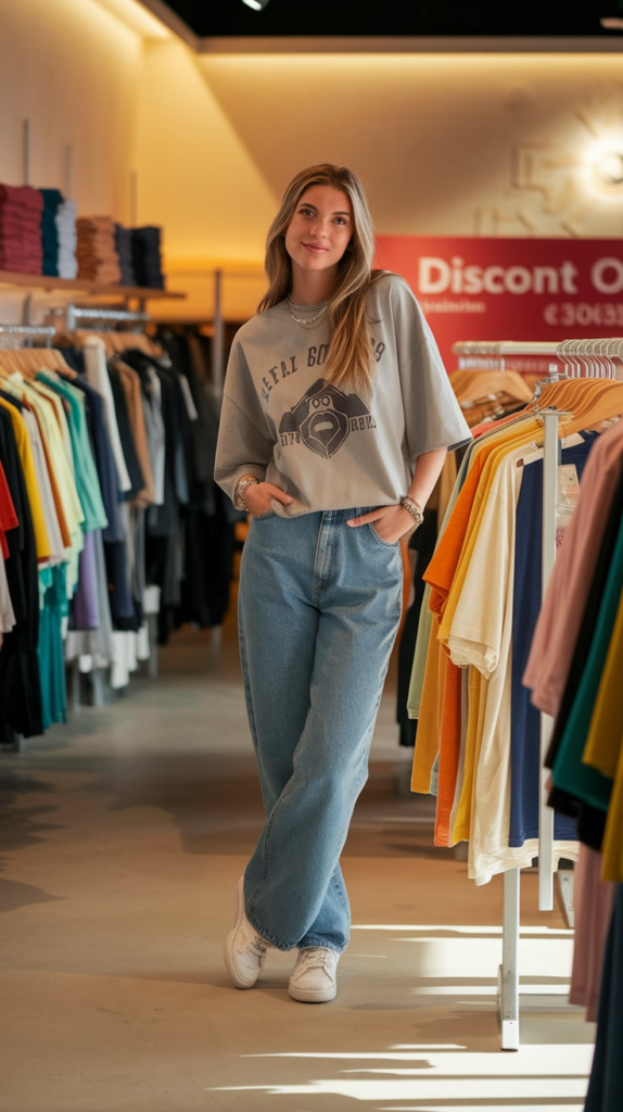 A young woman taking a mirror selfie in a clothing store, wearing a fitted black long-sleeve top and high-waisted wide-leg blue jeans. The background features sale signs, racks of trendy clothes, and a few shoppers.