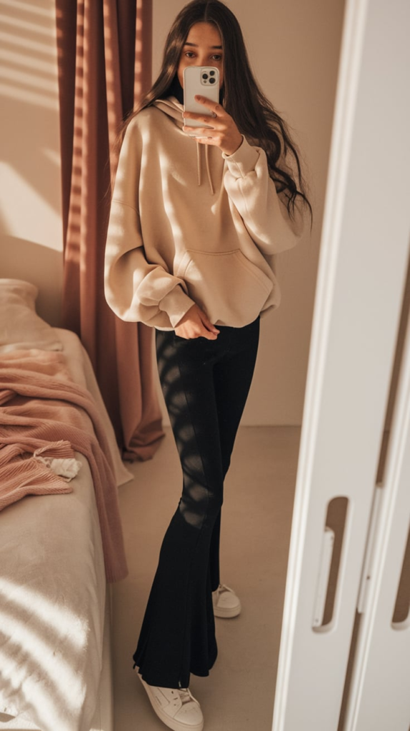 A teenage girl taking a mirror selfie in a cozy school outfit featuring an oversized gray hoodie, black flared pants, and white sneakers. The room has a modern aesthetic with a soft pink wall, a stylish bed, and neutral decor.