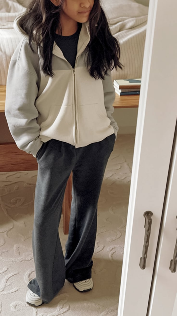 A teenage girl taking a mirror selfie in a cozy school outfit featuring an oversized gray hoodie, black flared pants, and white sneakers. The room has a modern aesthetic with a soft pink wall, a stylish bed, and neutral decor.