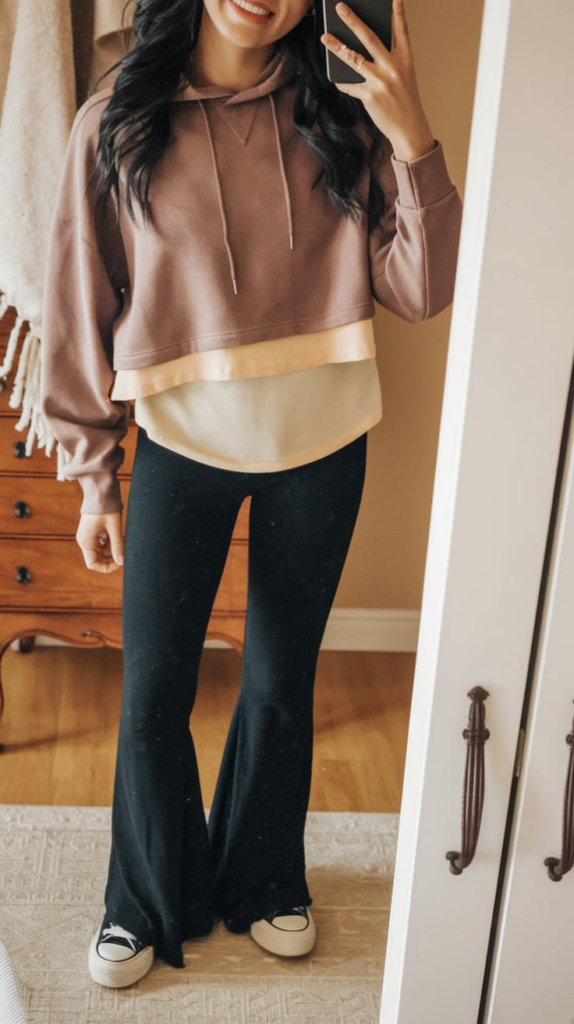 A teenage girl taking a mirror selfie in a cozy school outfit featuring an oversized gray hoodie, black flared pants, and white sneakers. The room has a modern aesthetic with a soft pink wall, a stylish bed, and neutral decor.