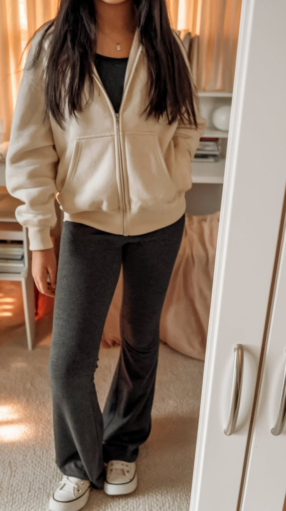 A teenage girl taking a mirror selfie in a cozy school outfit featuring an oversized gray hoodie, black flared pants, and white sneakers. The room has a modern aesthetic with a soft pink wall, a stylish bed, and neutral decor.