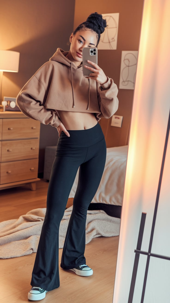 A teenage girl taking a mirror selfie in a cozy school outfit featuring an oversized gray hoodie, black flared pants, and white sneakers. The room has a modern aesthetic with a soft pink wall, a stylish bed, and neutral decor.