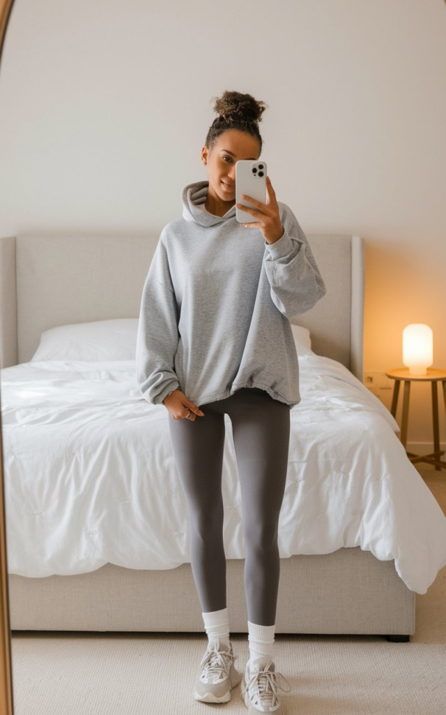 A cozy neutral-toned outfit featuring a light gray oversized hoodie, seamless gray leggings, white socks, and chunky white sneakers. The minimalist bedroom setting includes a bed with a textured white bedspread, a bedside lamp, and soft neutral decor