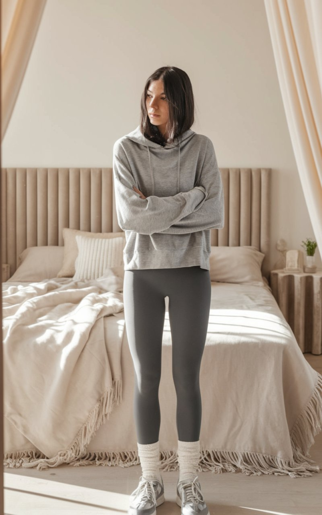 A cozy neutral-toned outfit featuring a light gray oversized hoodie, seamless gray leggings, white socks, and chunky white sneakers. The minimalist bedroom setting includes a bed with a textured white bedspread, a bedside lamp, and soft neutral decor