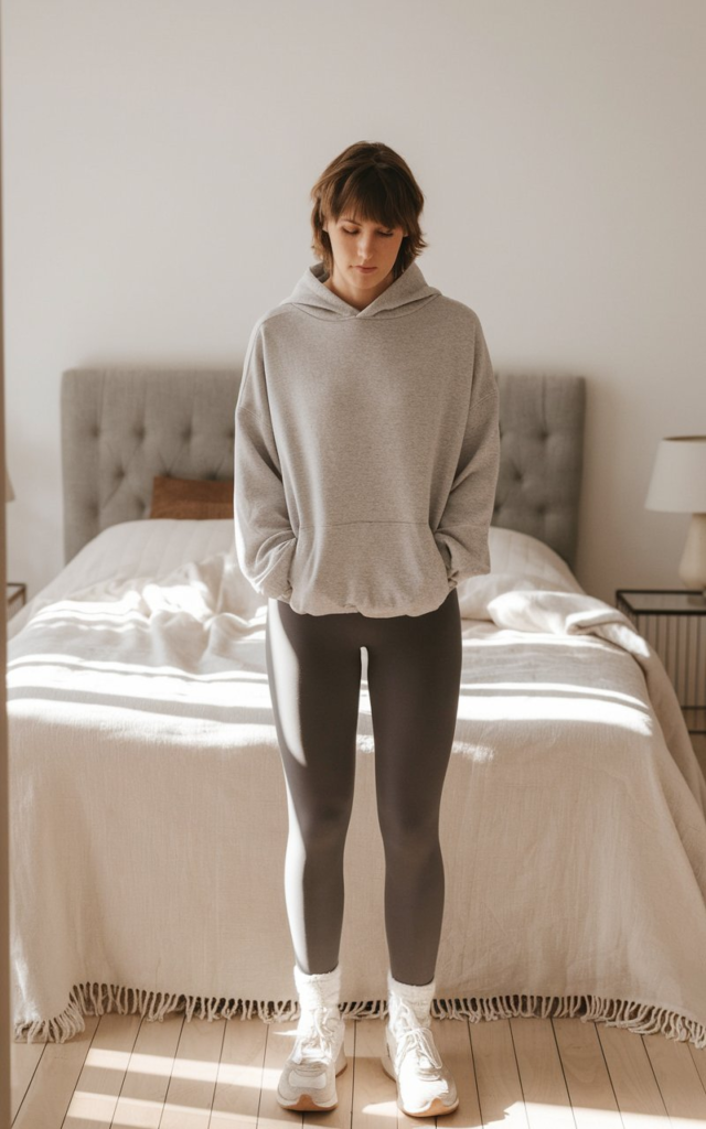 A cozy neutral-toned outfit featuring a light gray oversized hoodie, seamless gray leggings, white socks, and chunky white sneakers. The minimalist bedroom setting includes a bed with a textured white bedspread, a bedside lamp, and soft neutral decor