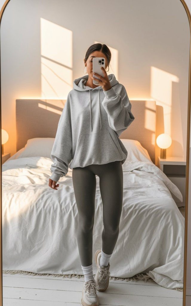 A cozy neutral-toned outfit featuring a light gray oversized hoodie, seamless gray leggings, white socks, and chunky white sneakers. The minimalist bedroom setting includes a bed with a textured white bedspread, a bedside lamp, and soft neutral decor