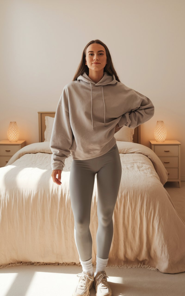 A cozy neutral-toned outfit featuring a light gray oversized hoodie, seamless gray leggings, white socks, and chunky white sneakers. The minimalist bedroom setting includes a bed with a textured white bedspread, a bedside lamp, and soft neutral decor