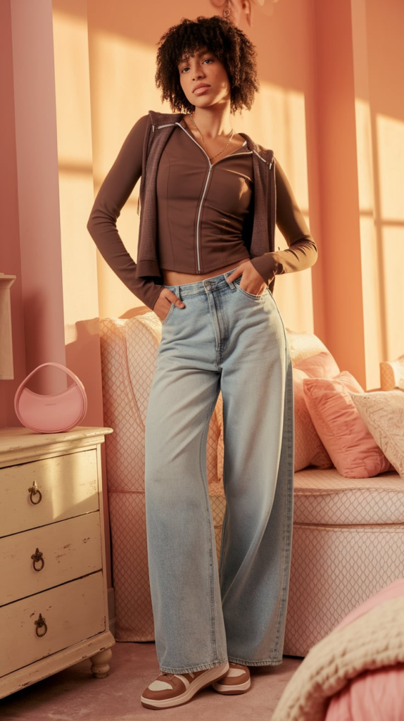 A casual outfit idea featuring a brown zip-up hoodie, baggy light blue jeans, and brown sneakers. The person takes a mirror selfie in a pastel-colored bedroom with a soft pink wall, a silver trash bin, and a cozy aesthetic.