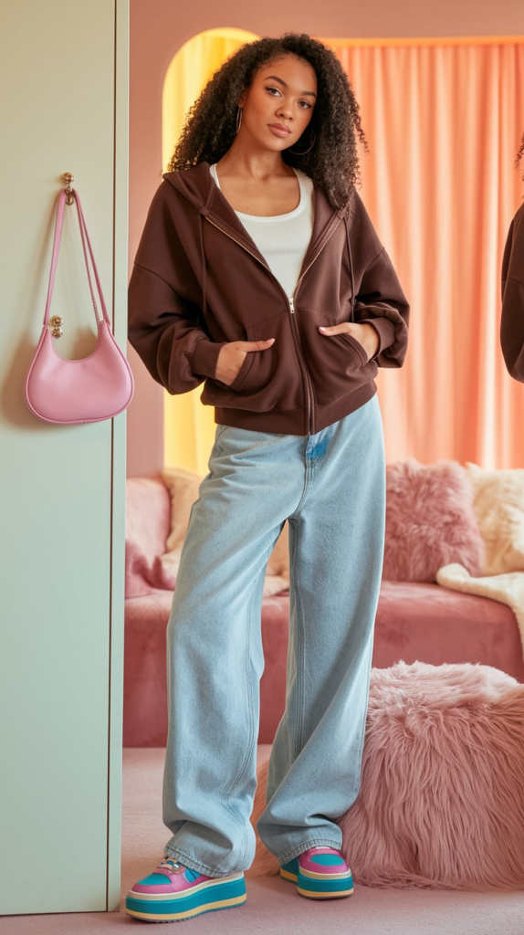 A casual outfit idea featuring a brown zip-up hoodie, baggy light blue jeans, and brown sneakers. The person takes a mirror selfie in a pastel-colored bedroom with a soft pink wall, a silver trash bin, and a cozy aesthetic.