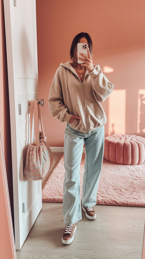 A casual outfit idea featuring a brown zip-up hoodie, baggy light blue jeans, and brown sneakers. The person takes a mirror selfie in a pastel-colored bedroom with a soft pink wall, a silver trash bin, and a cozy aesthetic.