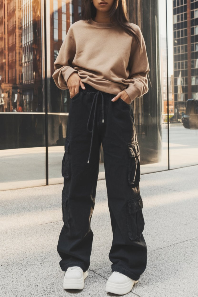 A young woman posing in an urban setting wearing a white crop top with ‘RISEISM’ printed on it, black cargo pants with drawstring details, and white platform sneakers. The backdrop features modern glass architecture and a sleek city aesthetic.