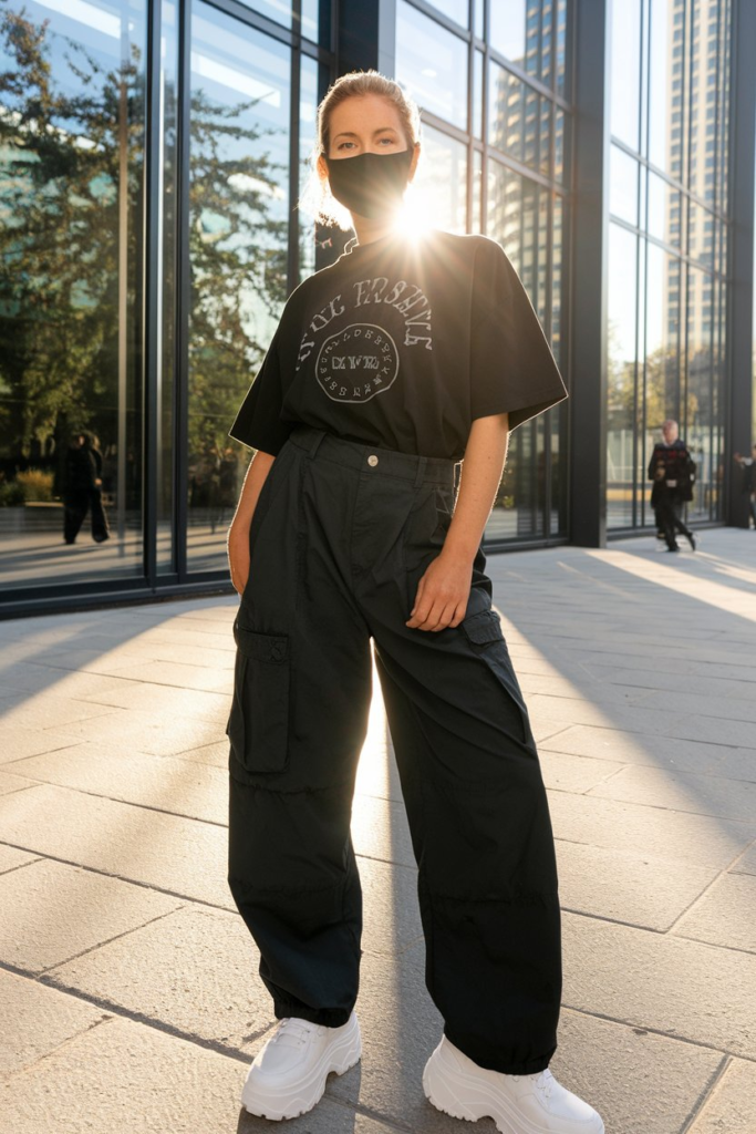 A young woman posing in an urban setting wearing a white crop top with ‘RISEISM’ printed on it, black cargo pants with drawstring details, and white platform sneakers. The backdrop features modern glass architecture and a sleek city aesthetic.