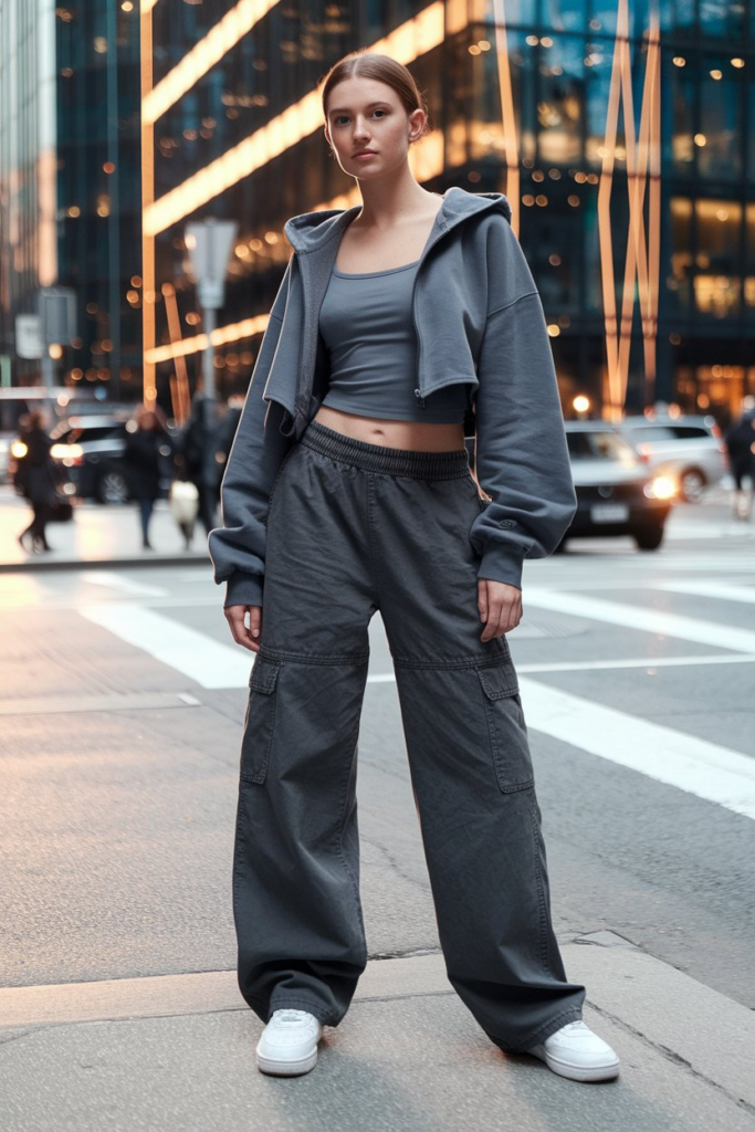 A young woman posing in an urban setting wearing a white crop top with ‘RISEISM’ printed on it, black cargo pants with drawstring details, and white platform sneakers. The backdrop features modern glass architecture and a sleek city aesthetic.