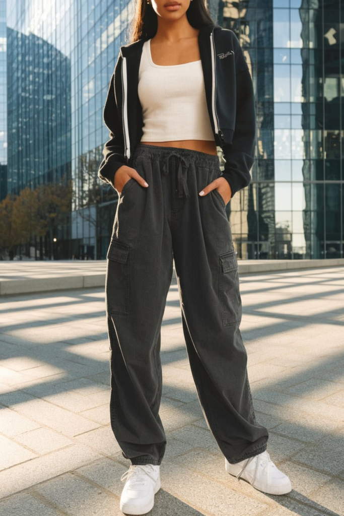 A young woman posing in an urban setting wearing a white crop top with ‘RISEISM’ printed on it, black cargo pants with drawstring details, and white platform sneakers. The backdrop features modern glass architecture and a sleek city aesthetic.