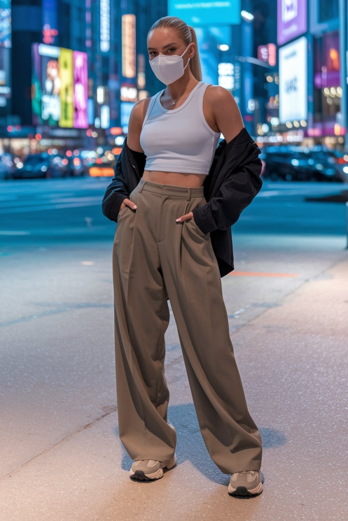 A young woman posing in an urban setting wearing a white crop top with ‘RISEISM’ printed on it, black cargo pants with drawstring details, and white platform sneakers. The backdrop features modern glass architecture and a sleek city aesthetic.