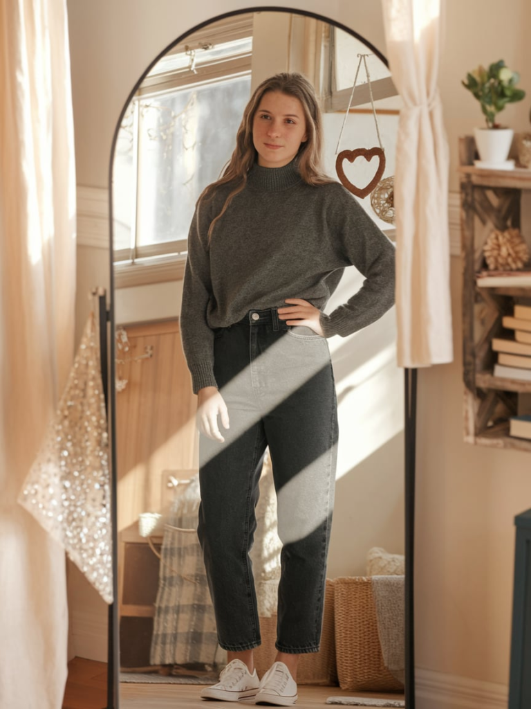 A woman standing on a winter street, dressed in a beige puffy jacket, black leggings, white boots, and knit gloves. She holds a hot drink, with festive lights and a European-style city background suggesting a holiday atmosphere.