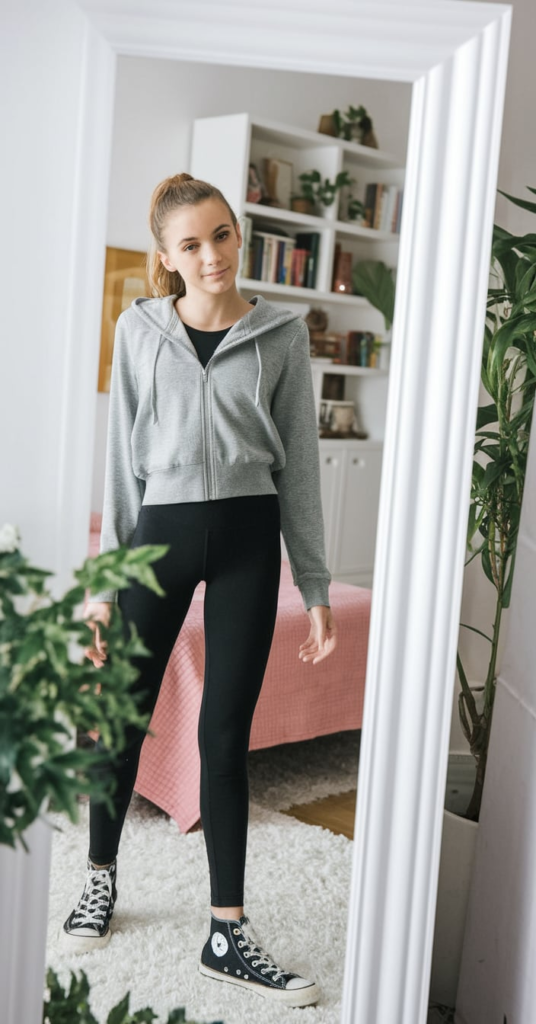 A trendy school outfit featuring a brown zip-up hoodie, seamless black leggings, and classic white sneakers. The cozy bedroom setting includes a pastel pink wall, a white-framed mirror with vines, and a small pink handbag on the door.