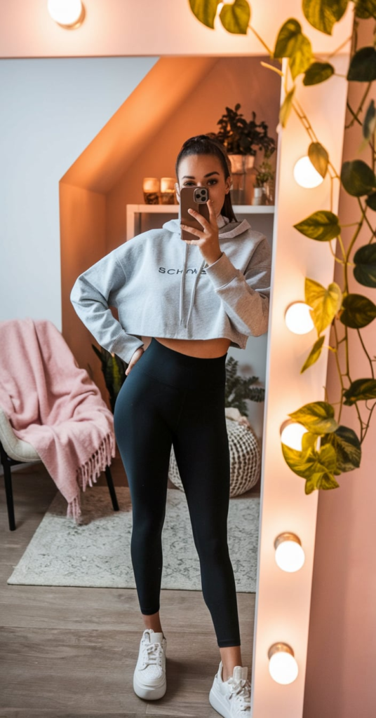 A trendy school outfit featuring a brown zip-up hoodie, seamless black leggings, and classic white sneakers. The cozy bedroom setting includes a pastel pink wall, a white-framed mirror with vines, and a small pink handbag on the door.