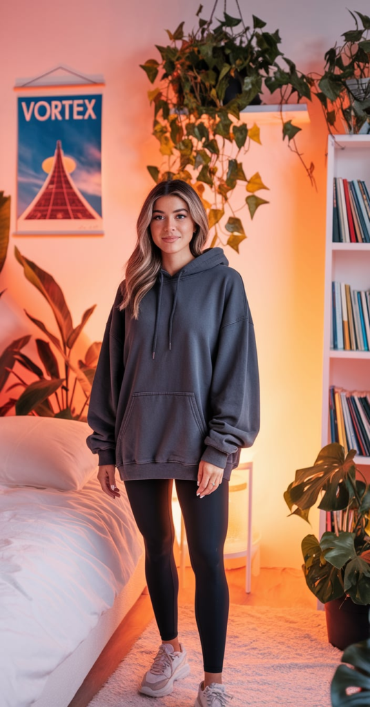 A trendy school outfit featuring a brown zip-up hoodie, seamless black leggings, and classic white sneakers. The cozy bedroom setting includes a pastel pink wall, a white-framed mirror with vines, and a small pink handbag on the door.