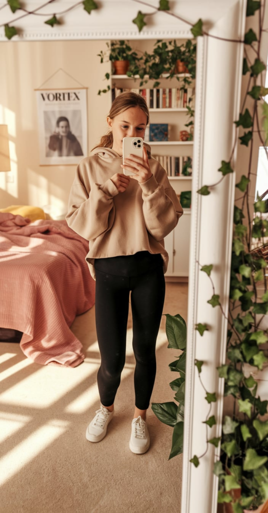 A trendy school outfit featuring a brown zip-up hoodie, seamless black leggings, and classic white sneakers. The cozy bedroom setting includes a pastel pink wall, a white-framed mirror with vines, and a small pink handbag on the door.