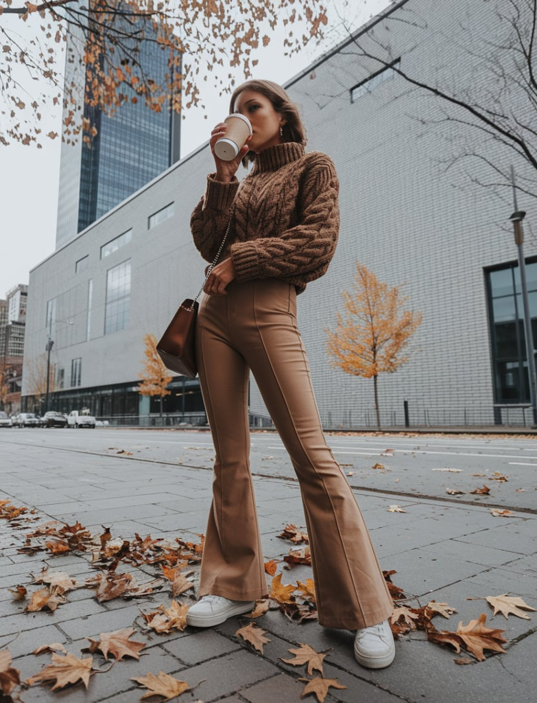 A woman standing in an urban area wearing a warm brown knit sweater, tan flared pants, and white sneakers. She holds a cup of coffee while standing in front of a modern building with a gray facade and dried autumn leaves scattered on the ground.