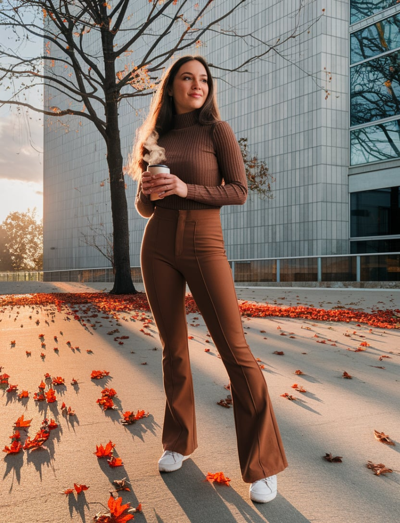 A woman standing in an urban area wearing a warm brown knit sweater, tan flared pants, and white sneakers. She holds a cup of coffee while standing in front of a modern building with a gray facade and dried autumn leaves scattered on the ground.