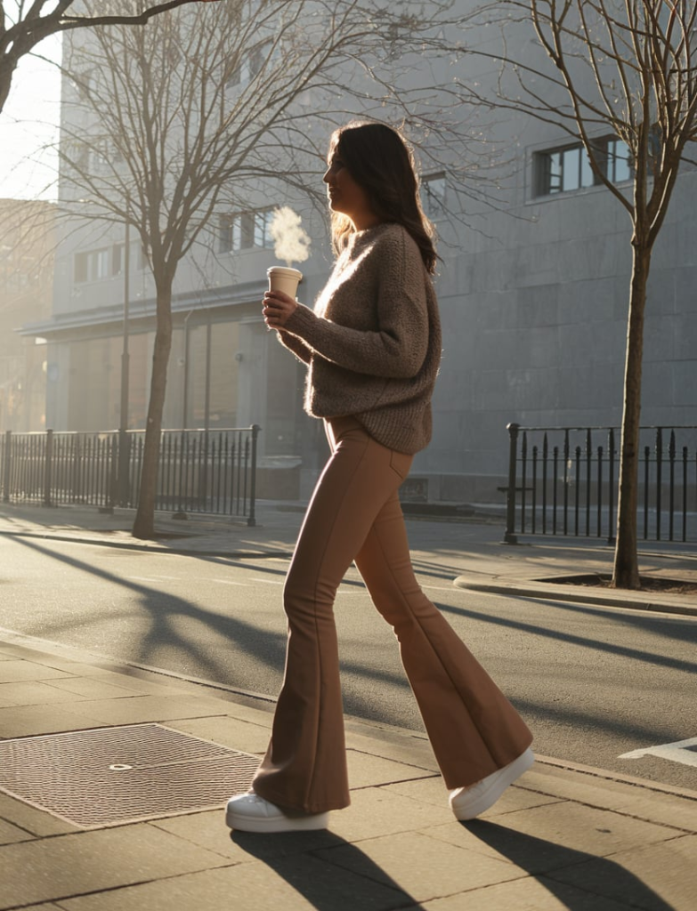 A woman standing in an urban area wearing a warm brown knit sweater, tan flared pants, and white sneakers. She holds a cup of coffee while standing in front of a modern building with a gray facade and dried autumn leaves scattered on the ground.